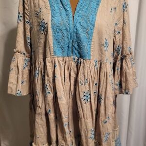 Peace Love World Beige Mini Dress with Blue Embroidery